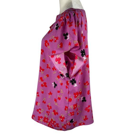 Ann Taylor Square Neck FLutter Sleeve Lavendar & Red Floral Blouse Size M - Picture 2 of 8